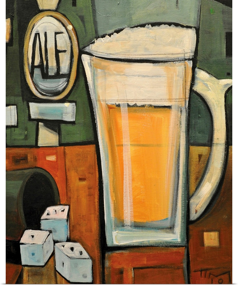 Vertical, contemporary painting on a large wall hanging of a mug of beer sitting on a bar counter, next to several dice.  ...