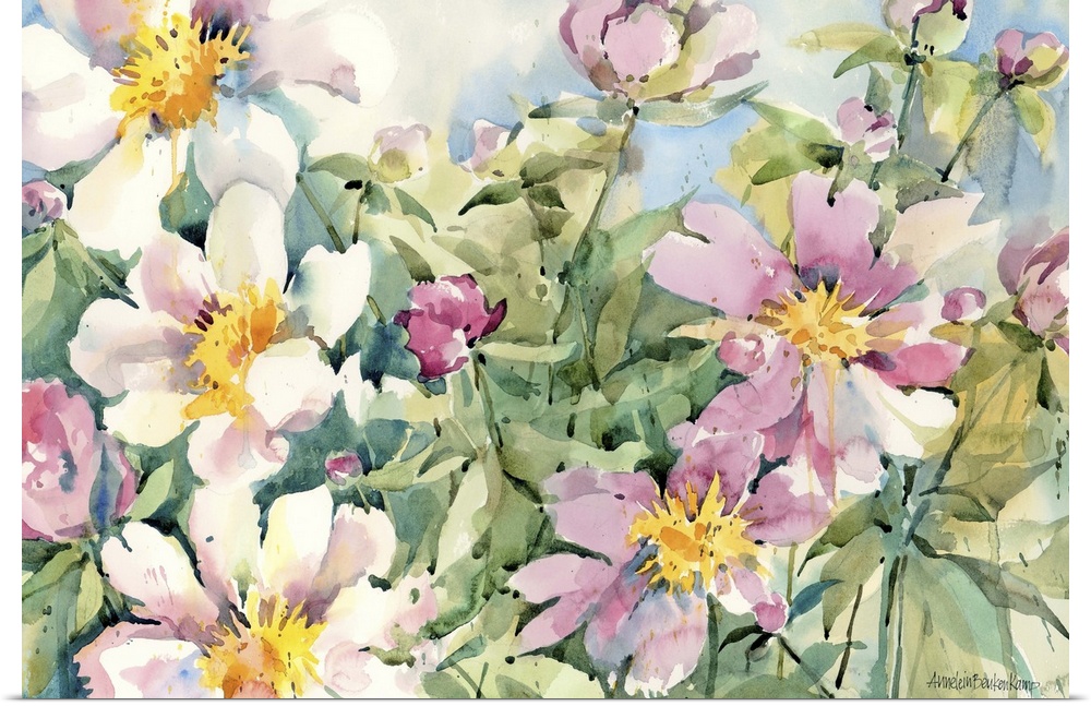 Contemporary watercolor painting of pink and white flowers.