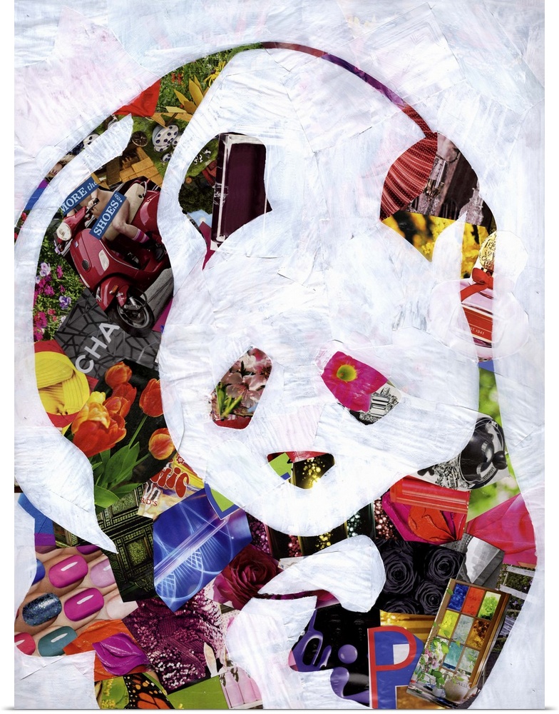 Multimedia collage of magazine clippings and paint of a cute panda bear.
