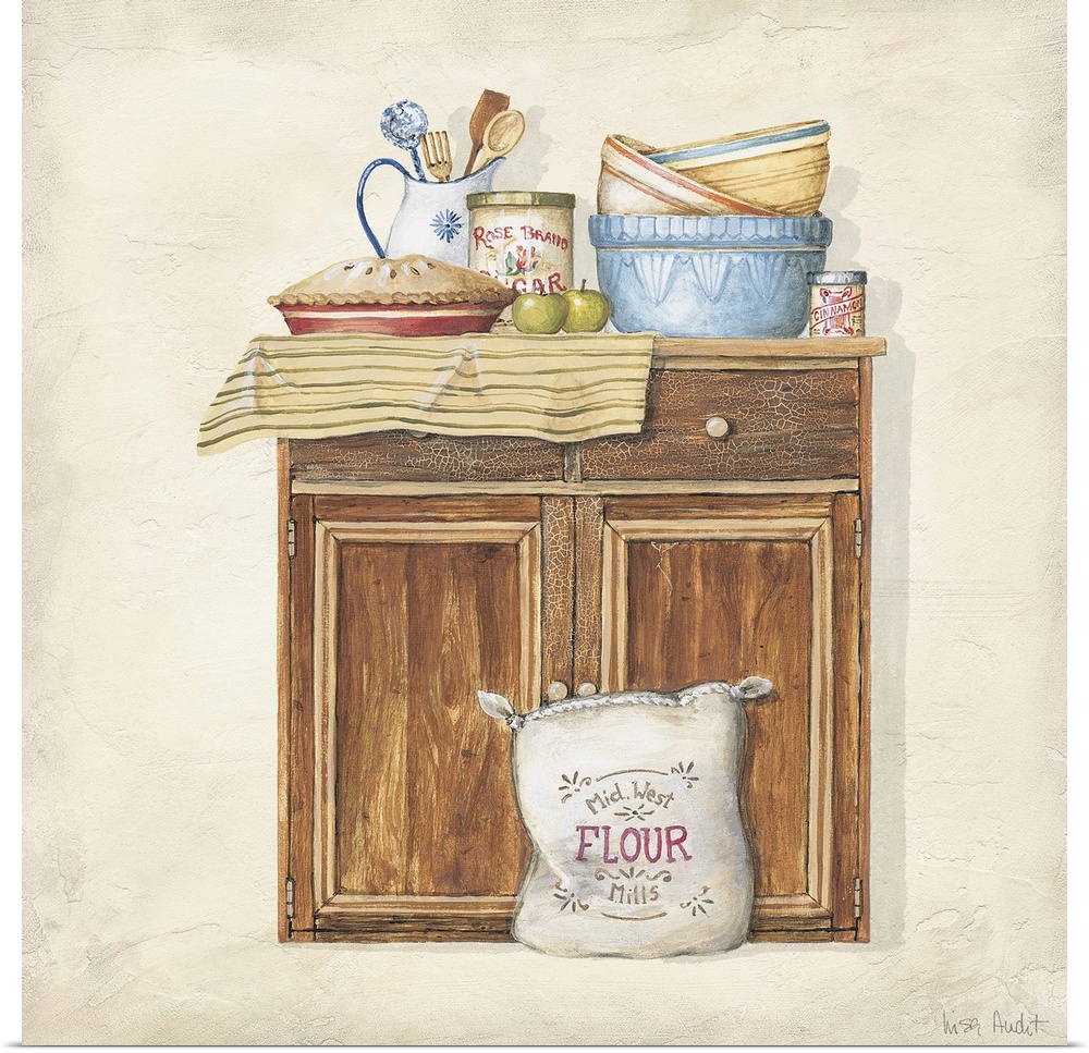 Sideboard cabinet with bowls, pitcher of utensils, and pie. Bag of flour on floor