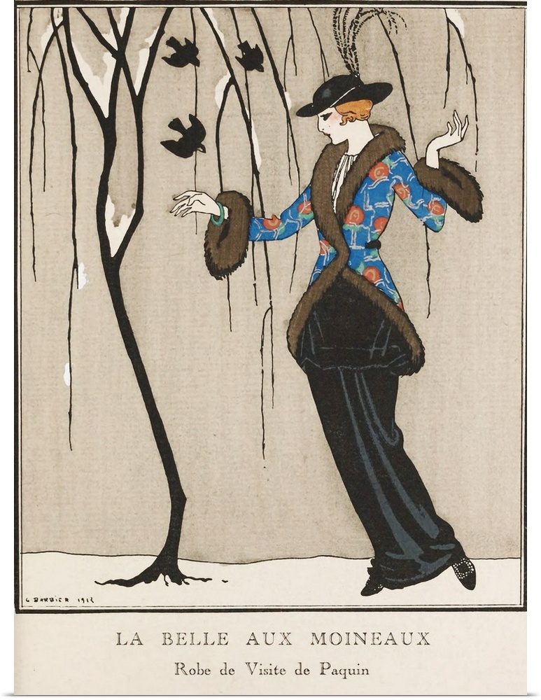 Artwork of a vintage fashion illustration of a woman displaying warm weather clothing outdoors under a tree.