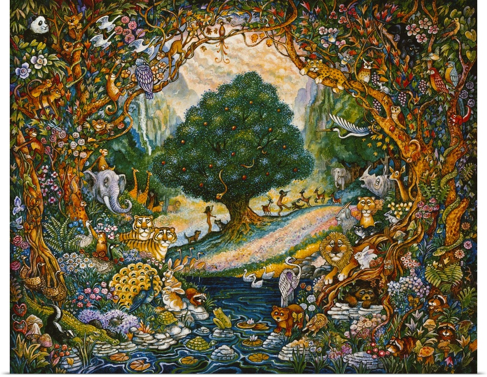 Pre-lapsarian Adam and Eve in garden of Eden with animals all around.