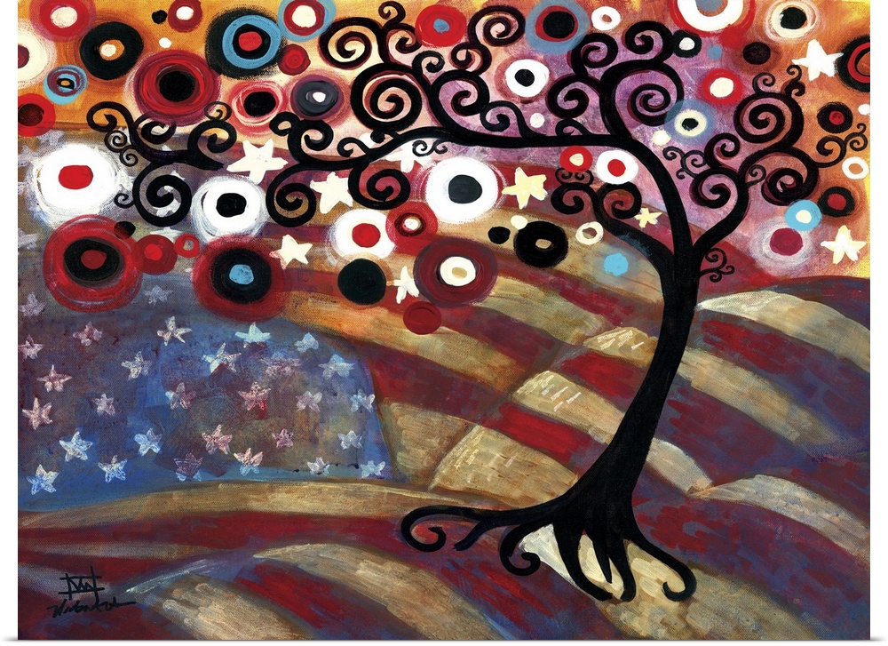 Contemporary painting of a patriotic tree with the American flag.
