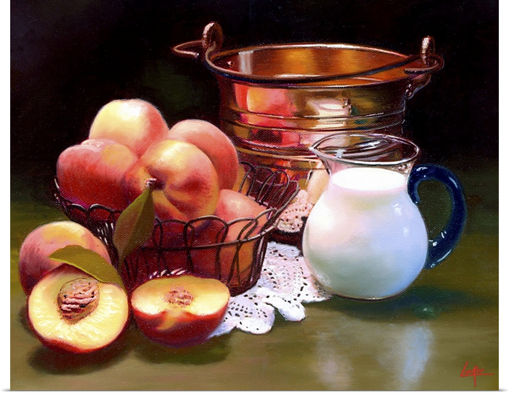 Wire basket of peaches on table with peaches cut open, pitcher of cream and copper bucket.