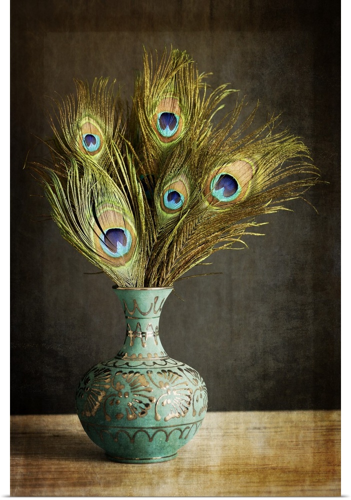 Peacock Feathers in Blue Vase