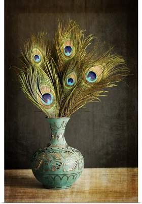 Peacock Feathers in Blue Vase
