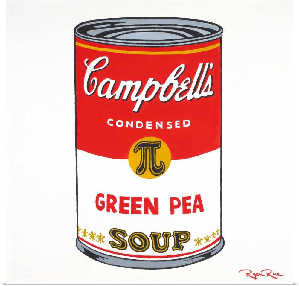 Square pun painting of a can of Campbell's green pea soup with the pi symbol on it (pea can pi - pecan pie)