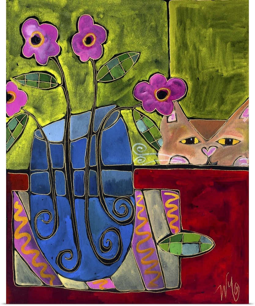 A cat looking at a blue vase of flowers on a table.