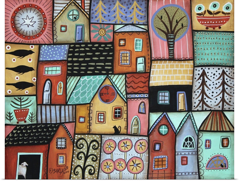 Contemporary painting of a village full of colorful houses.