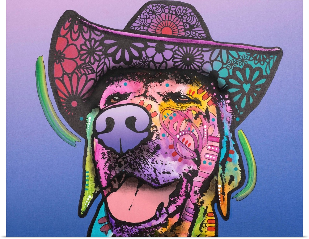 Playful painting of a dog wearing a floral designed cowboy hat on a purple and blue background.