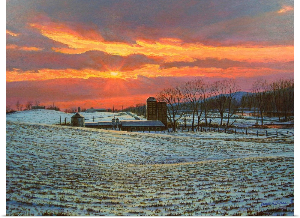Contemporary painting of a Pennsylvania Farm at Sunset.