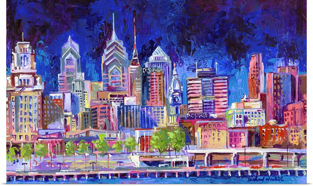 Contemporary painting of the Philadelphia city skyline at night.
