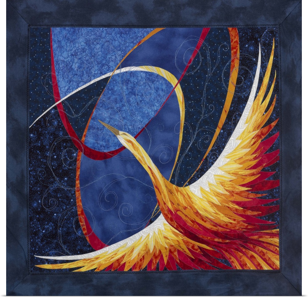 Contemporary colorful fabric art of a phoenix.