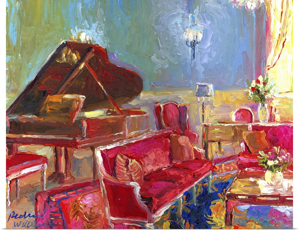 Contemporary colorful painting of a fancy room interior with a piano.