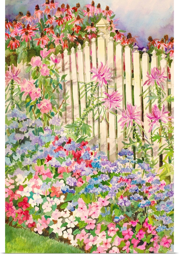 Colorful contemporary painting of a white picket fence surrounded by flowers in bloom.