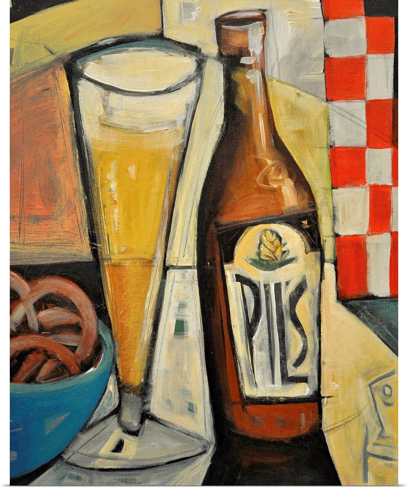 Vertical, large wall painting of a bottle of pilsner sitting next to a tall glass of beer.  The items are sitting on a bar...