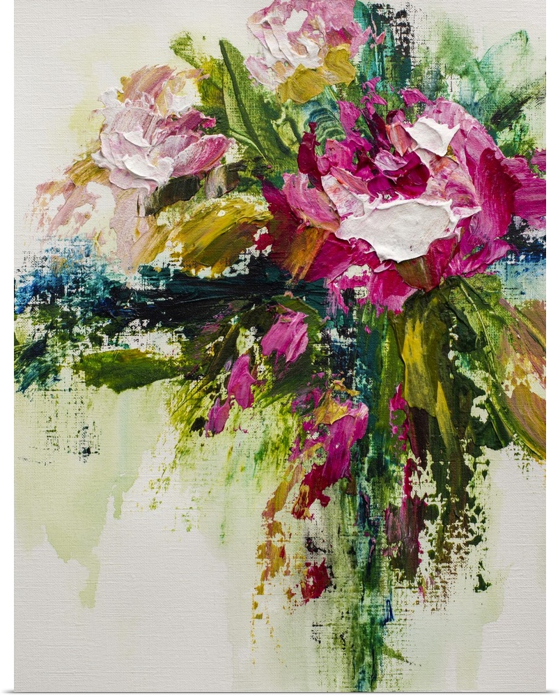 Original abstract flower painting of pink and white roses by contemporary artist Melissa McKinnon floral art prints available