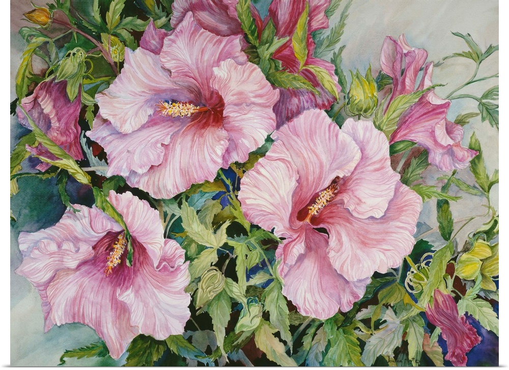 Colorful contemporary painting of bright pink hibiscus flowers.