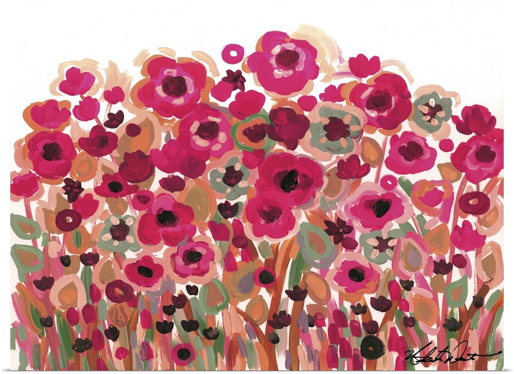 Contemporary painting of a garden of bright pink flowers.
