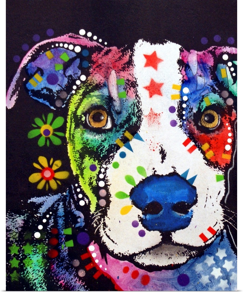 Contemporary stencil painting of a pit bull filled with various colors and patterns.