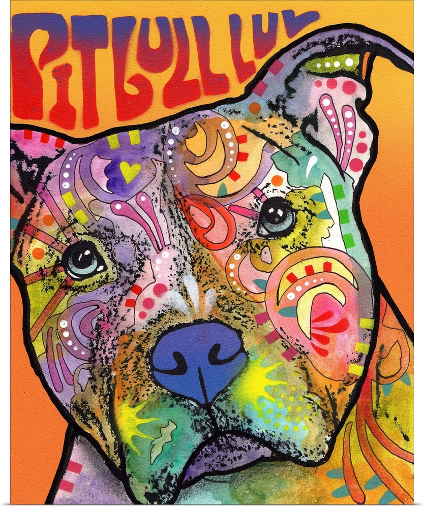 Colorful painting of a pit bull with abstract designs and "Pit Bull Luv" spray painted at the top on an orange background.