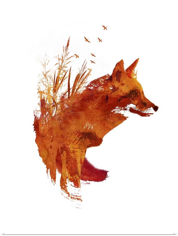 Contemporary artwork of a red fox with paint splatters streaming off it.
