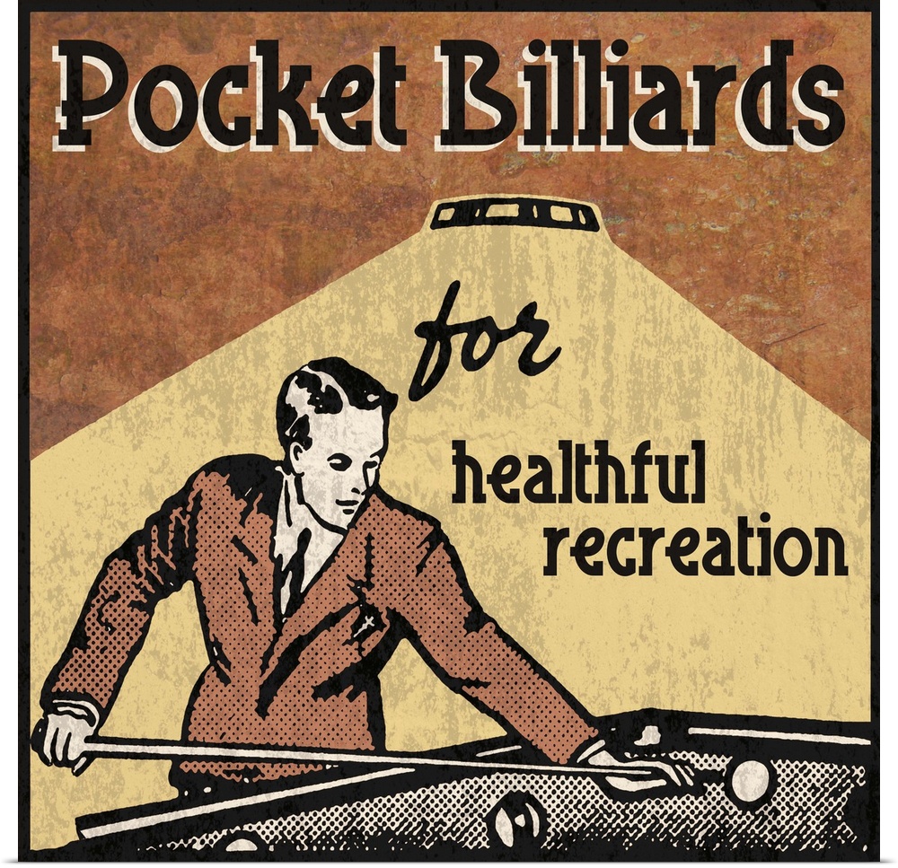Vintage style sign with a young man playing billiards.