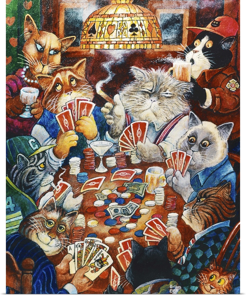 Cats playing poker.
