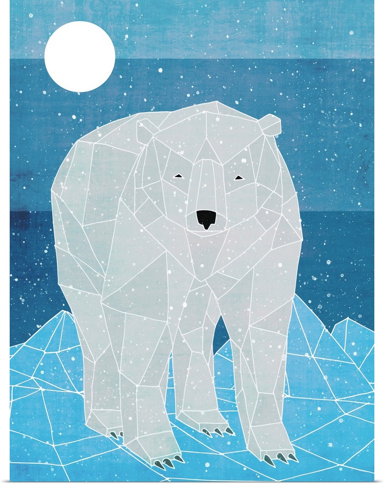 Illustration of a polar bear created with geometric shapes in shades of grey and blue.