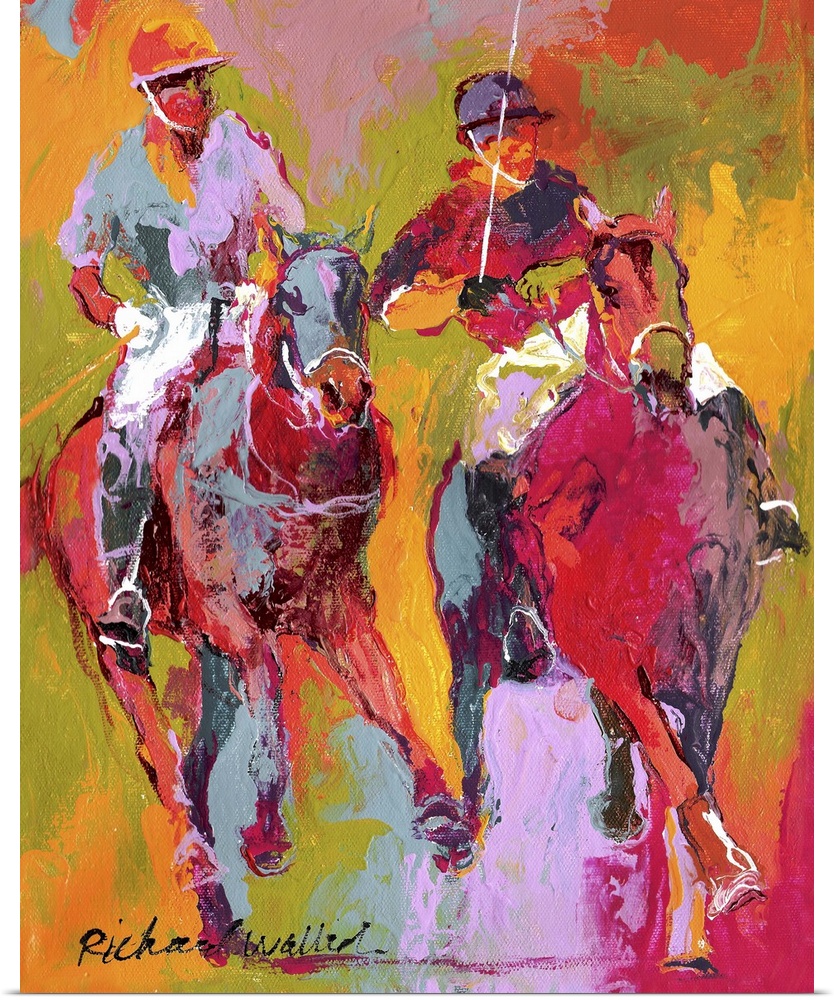 Contemporary colorful painting of a polo match from atop horseback.