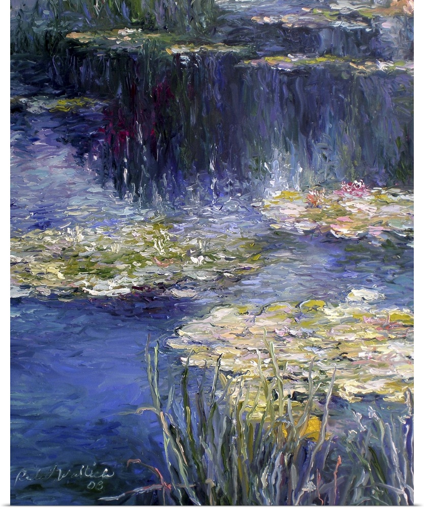 Contemporary painting of a pond filled with water lilies.