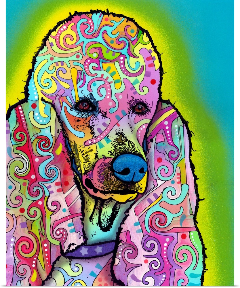 Pop art style painting of a colorful poodle with abstract designs all over on a blue background with a green and yellow sp...