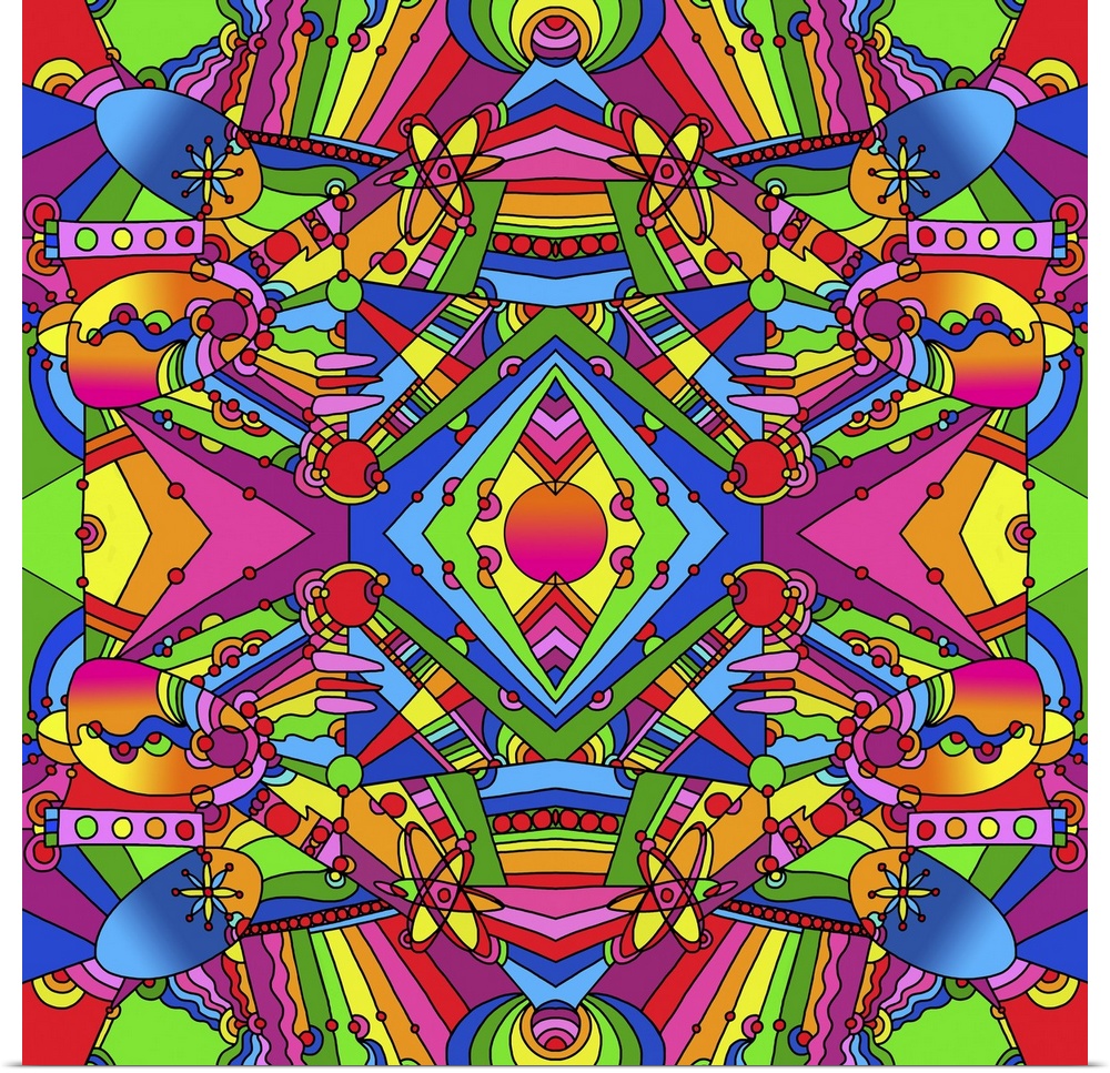 Contemporary artwork of a kaleidoscope-like image with mirrored colorful shapes.