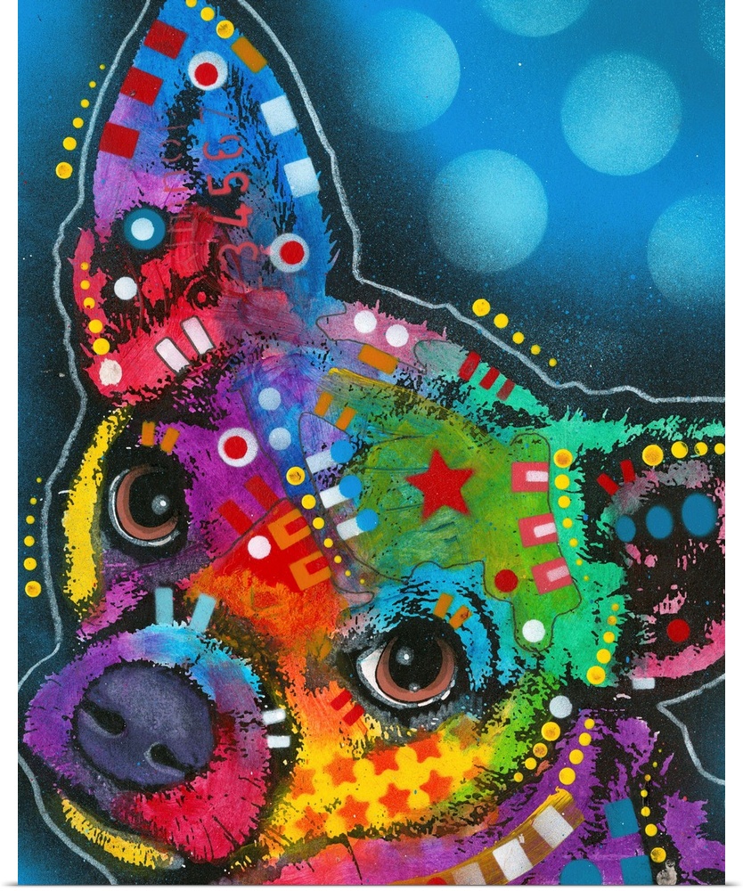 Colorful painting of a Chihuahua covered in geometric abstract markings on a blue background.