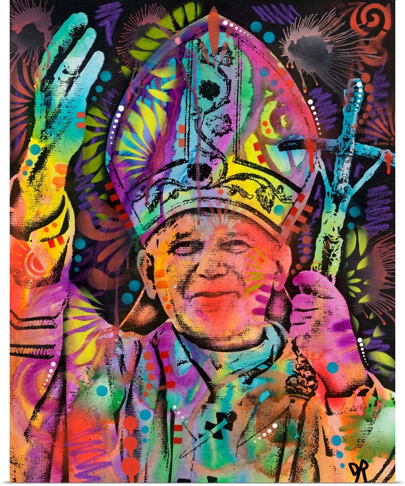 Pop art style painting of Pope John Paul II covered in colorful abstract designs.