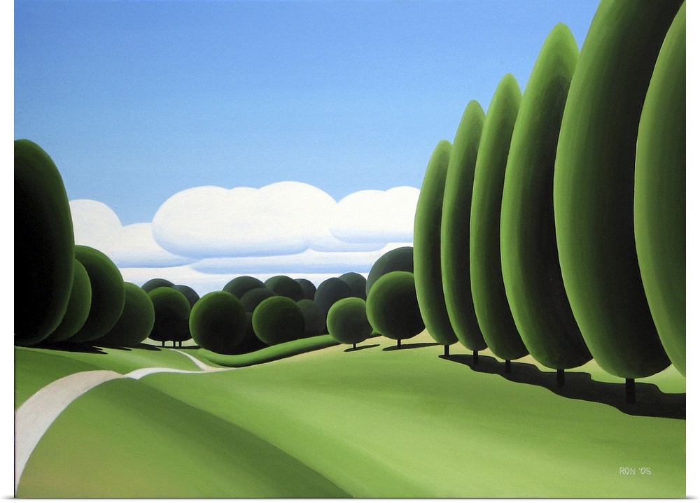 Contemporary painting of a green field with trees.