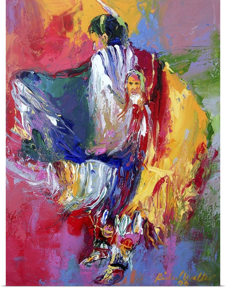 Contemporary vibrant colorful painting of a traditionally dressed native American.