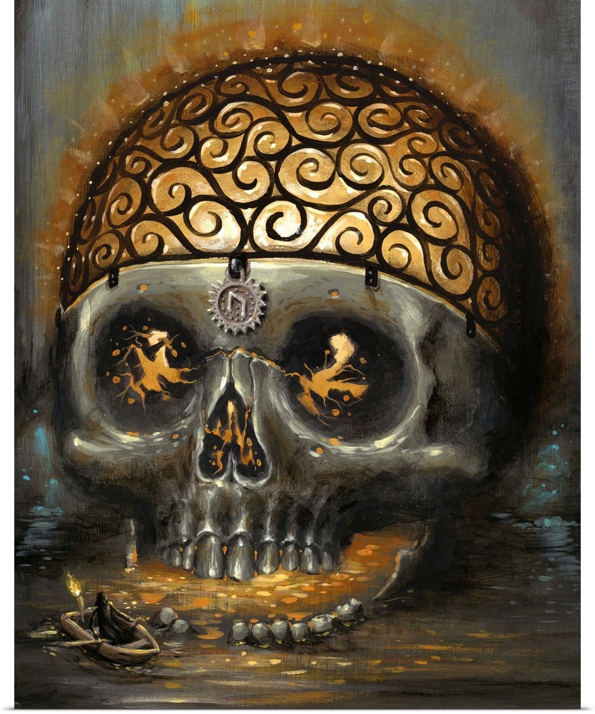 Surrealist painting of a human skull with the top half of the skull a wire cage frame with light pouring from the openings.