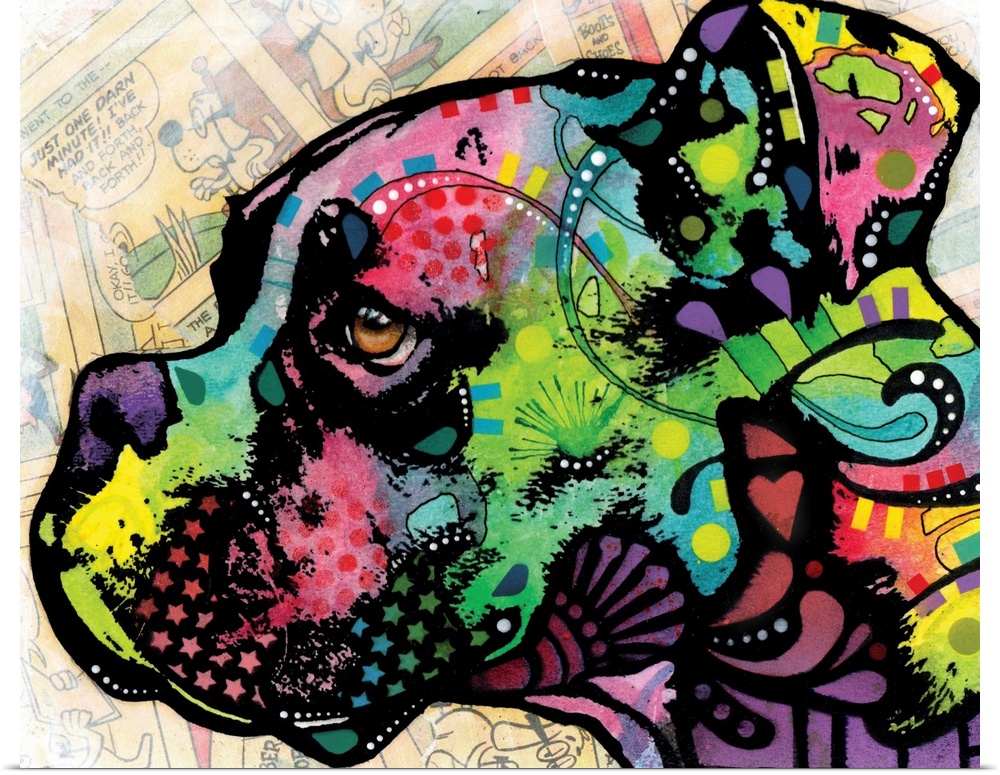 Contemporary painting of a boxer's profile full of color and designs with torn comic strips on the background and a white ...