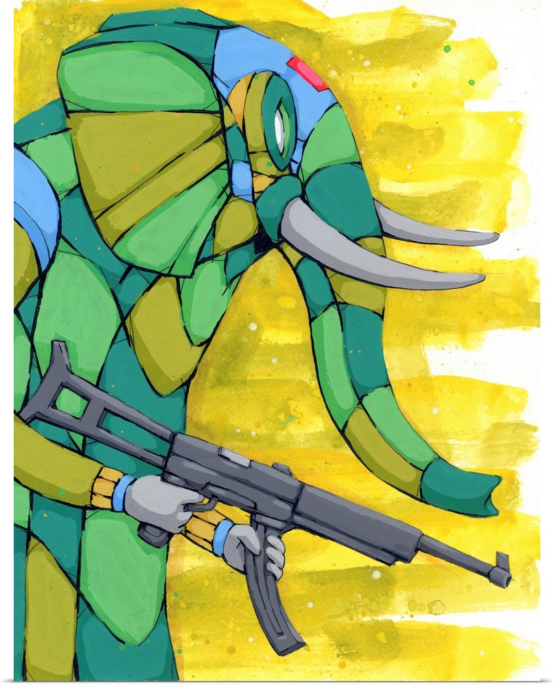 Geometric painting of an elephant carrying a gun, using camouflage colors and a bright yellow background.