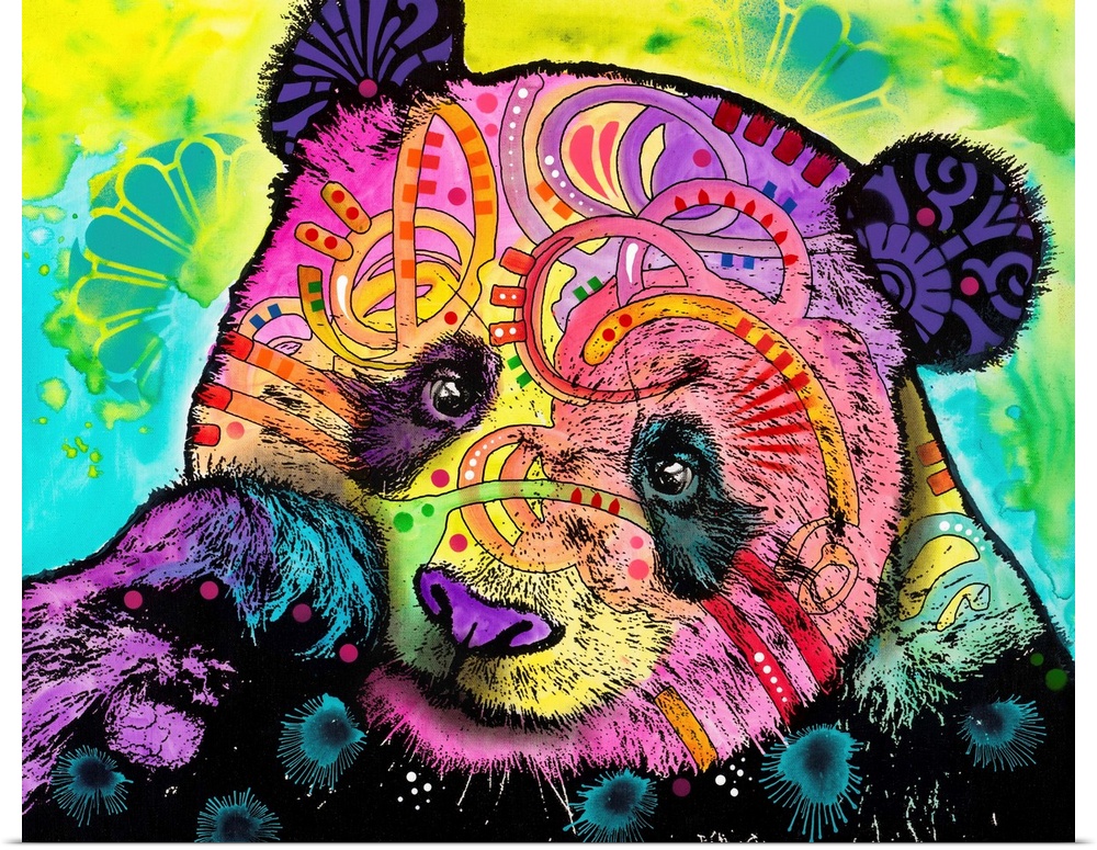 Pop art style painting of a panda bear covered in colorful abstract markings on a blue, yellow, and green background.