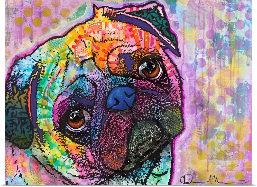 Colorful illustration of a Pug with its head tilted and abstract markings all over.