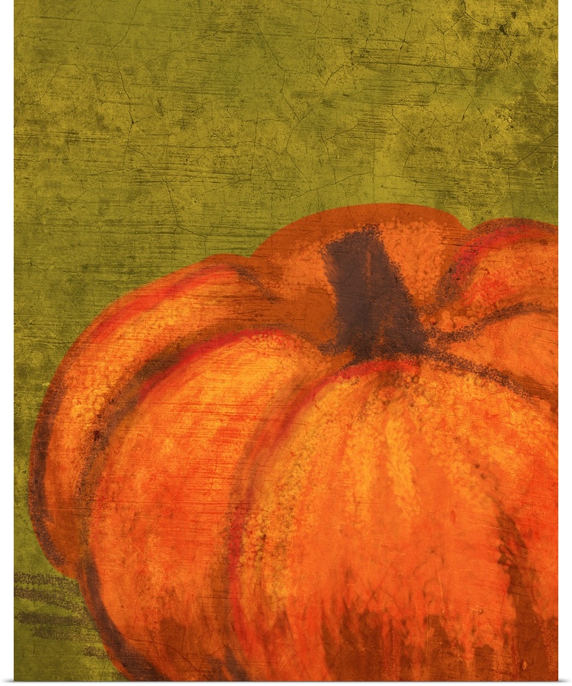 A single pumpkin on a rustic green cracked background.