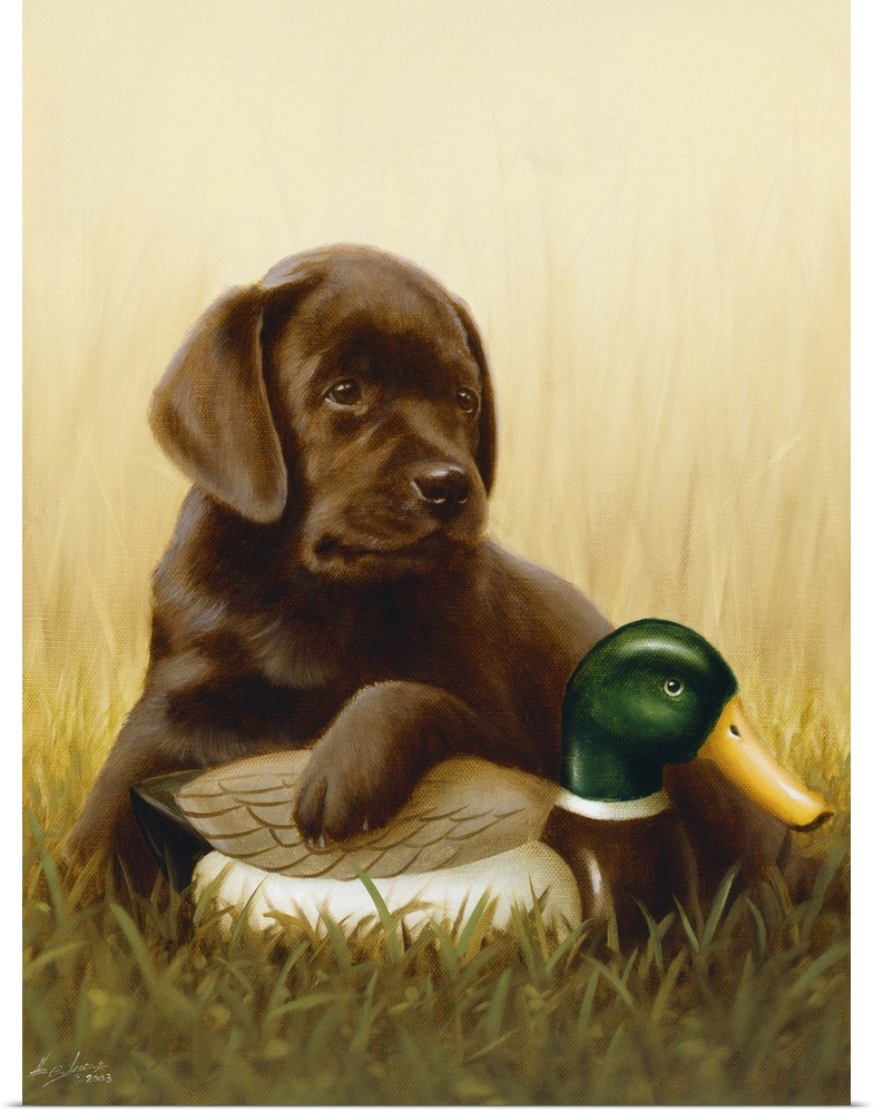 Contemporary painting of a black Labrador retriever puppy laying in the grass a mallard decoy.