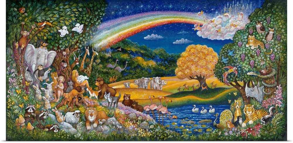 Animals next to water with a rainbow in the sky.