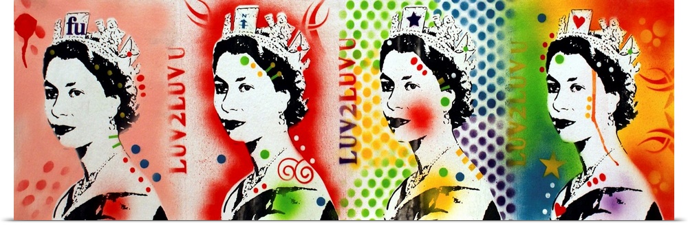 Panoramic graffiti-like print with four images of Queen Elizabeth in a row with different spray painted backgrounds.