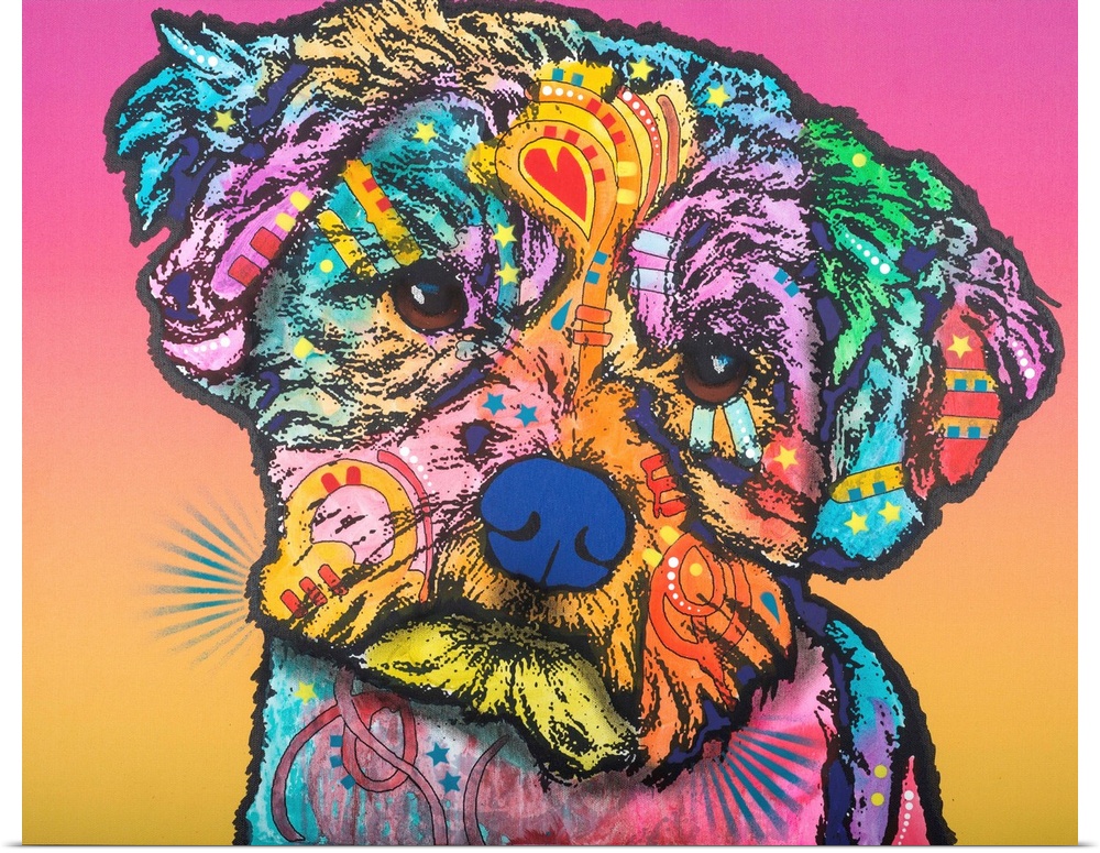 Colorful painting of a dog with sad eyes and graffiti-like designs on a pink and yellow background.