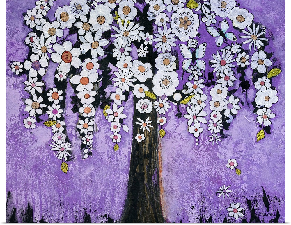 Lighthearted contemporary painting of a flowering tree, against a purple background.