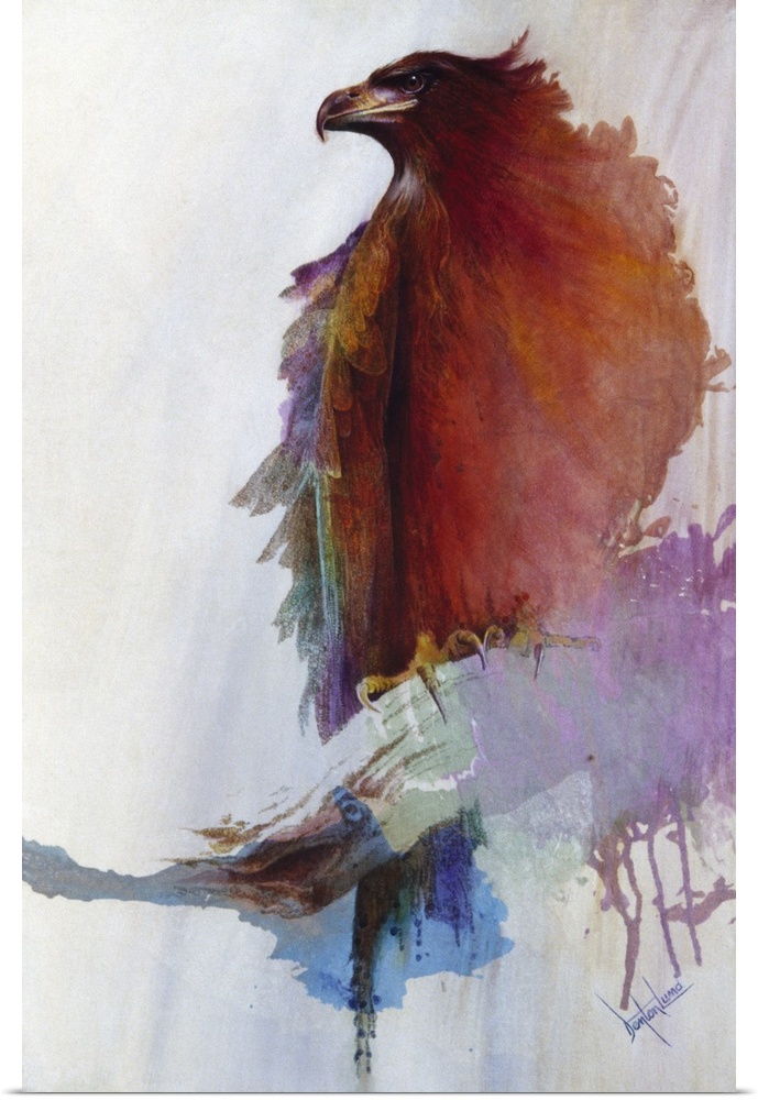 A contemporary painting of an eagle silhouette with vibrant shades of red, purple and orange bleeding through.