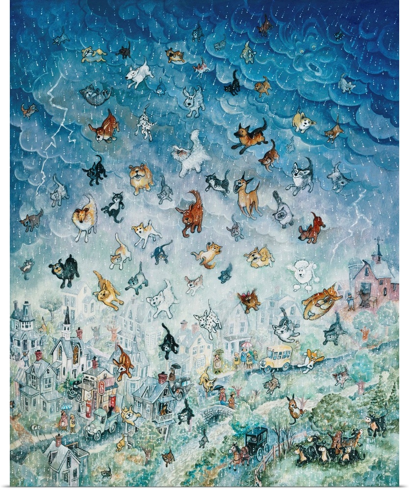 A painting of the sky raining cats and dogs.